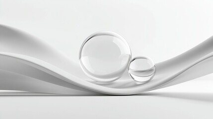 Two glass spheres rest on a flowing white fabric curve against a white background.