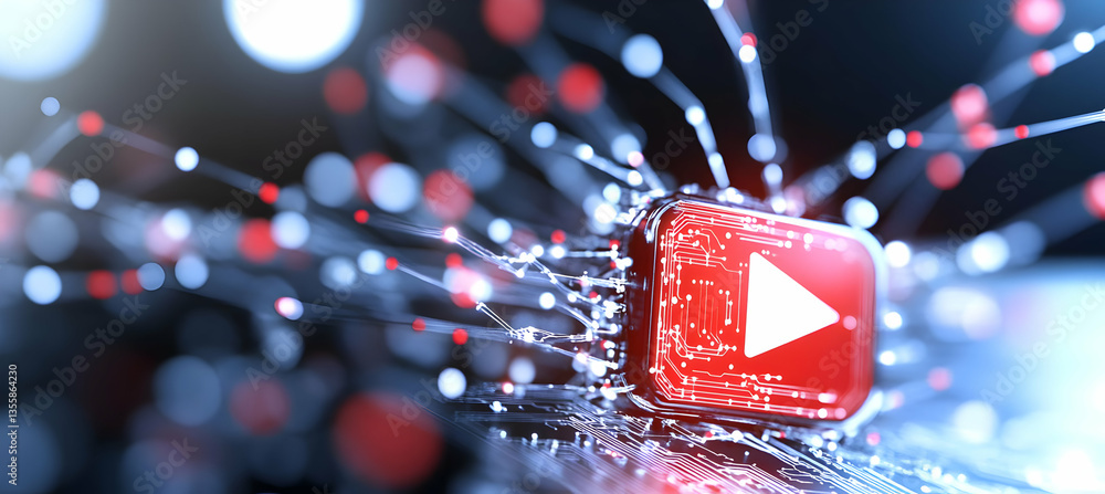 Poster red play button with white arrow surrounded by glowing fiber optic cables representing high speed da