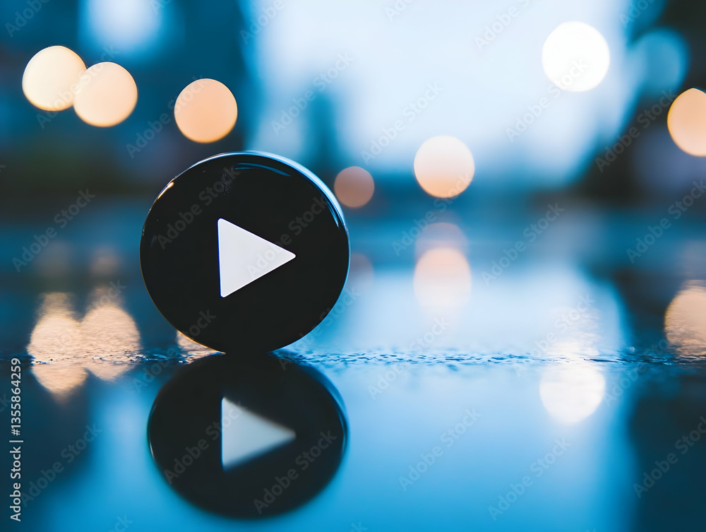 Poster reflective circular play button with blurred blue lights background shows graphic element and modern