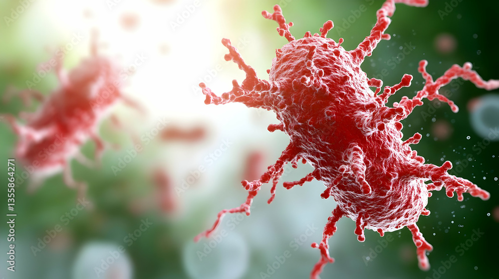 Poster red virus cell structure on green gradient background with blurry spotlights microscopic view viral 
