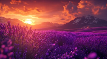 Fototapeta premium A stunning landscape showcasing a vibrant field of lavender bathed in the warm golden light of sunset.