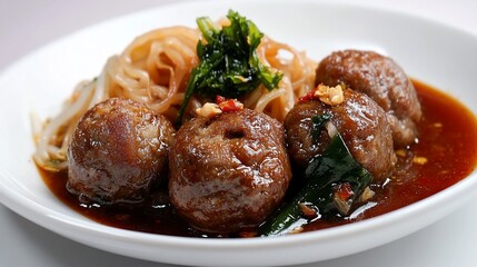 Fototapeta premium Appetizing meatballs in a savory sauce served with noodles and vegetables