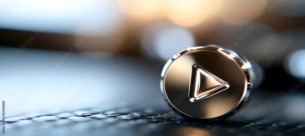 Poster shiny silver play button on dark surface with bokeh background technology and entertainment concept 