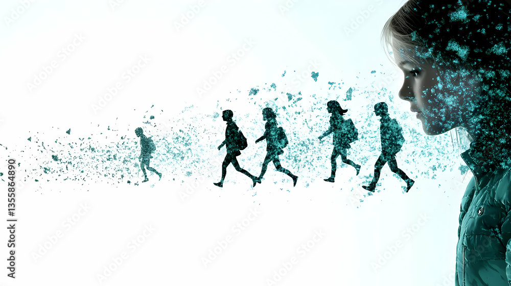 Poster silhouette of a woman with trailing figures in digital abstract style on a bright background concept