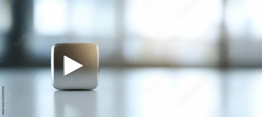Poster silver square icon with play arrow in focus on a white surface with reflected lighting in modern sty