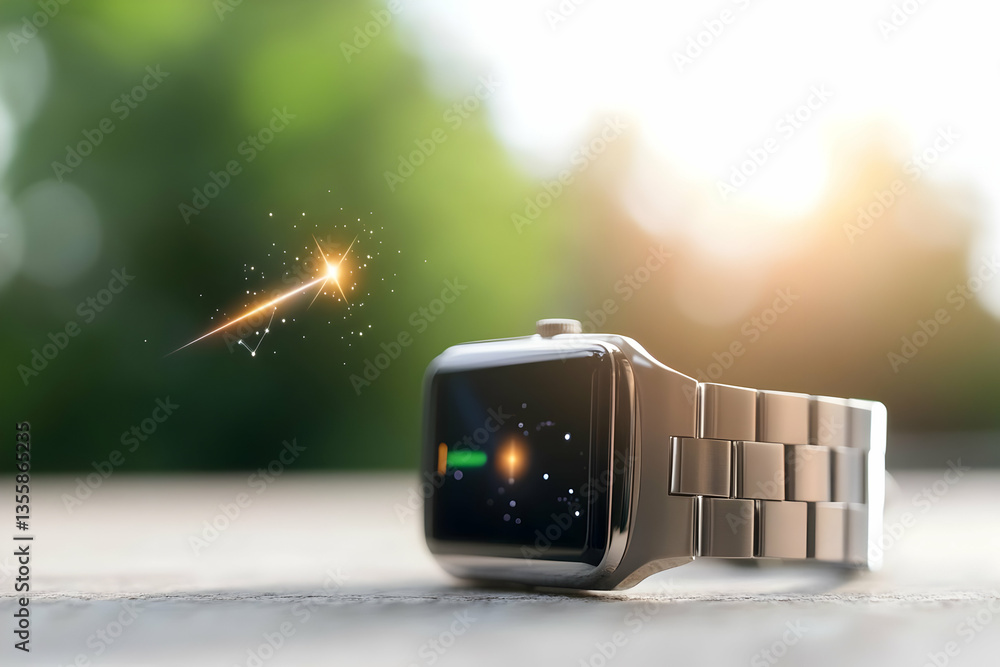 Poster silver smartwatch with metal strap displaying a starry design against a green bokeh background in so