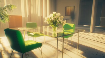 Elegant dining scene with vibrant green chairs and a luminous atmosphere