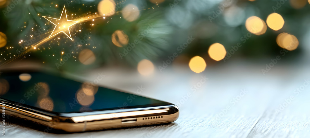 Poster smartphone display with golden sparkles on wooden table and bokeh christmas lights in the background