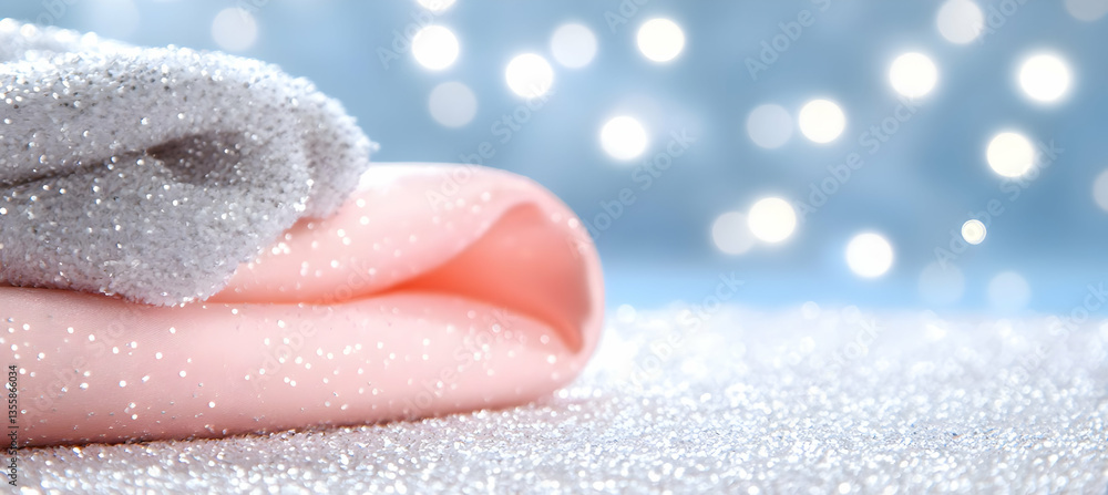 Poster sparkling fabric in soft pastel tones overlapping on a glitter surface and blurry bokeh lights for f