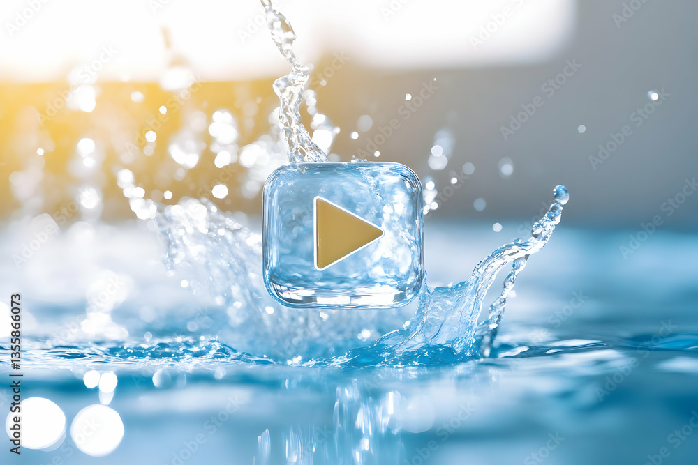 Poster splashing water around clear ice cube on a reflective blue surface with a bright yellow flare highli