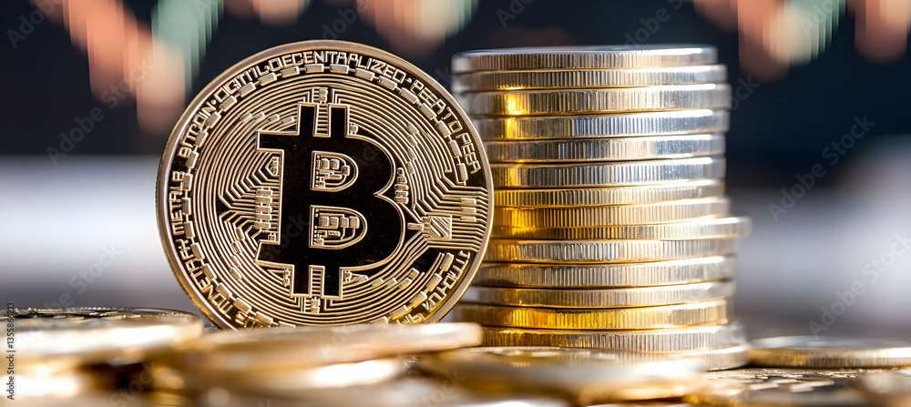 Poster stack of golden coins and digital currency on dark background with blurred graph in close up macro f
