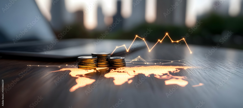 Aufkleber stack of golden coins with growing chart lines and laptop in soft blurred background on wood surface