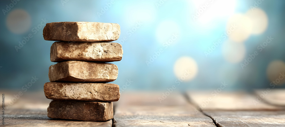 Poster stack of rustic wooden blocks on weathered wood table against bokeh background featuring natural woo