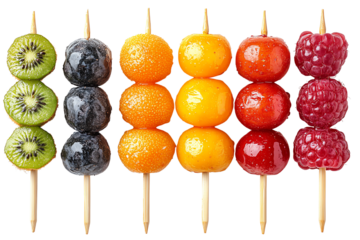 Colorful fruit skewers featuring various fruits on wooden sticks, isolated on a white background.