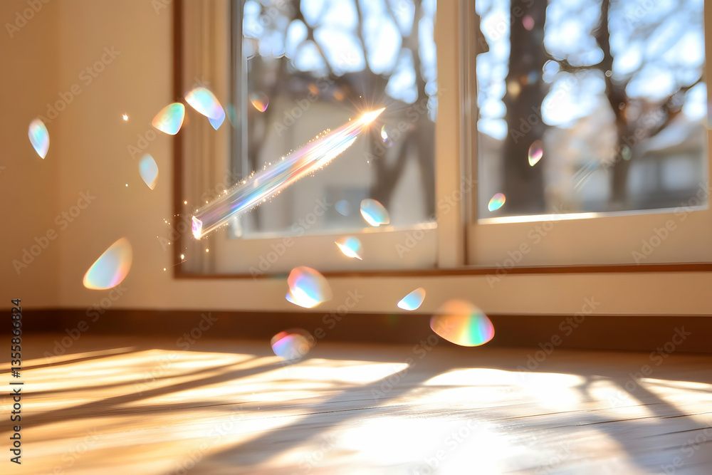 Poster sunlight through prism creating rainbow reflections on wooden floor by window illuminating interior 