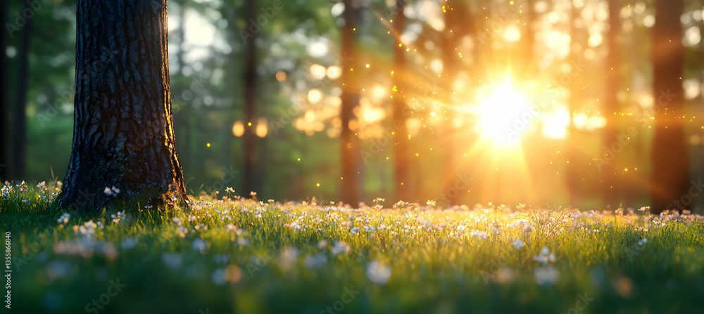 Poster sunlit meadow with wildflowers under a canopy of green trees golden hour sunlight filtering through 