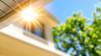 Sun Flare over Modern Suburban House Under Clear Blue Sky with Green Trees Exterior during Bright Day Summer Sunlight