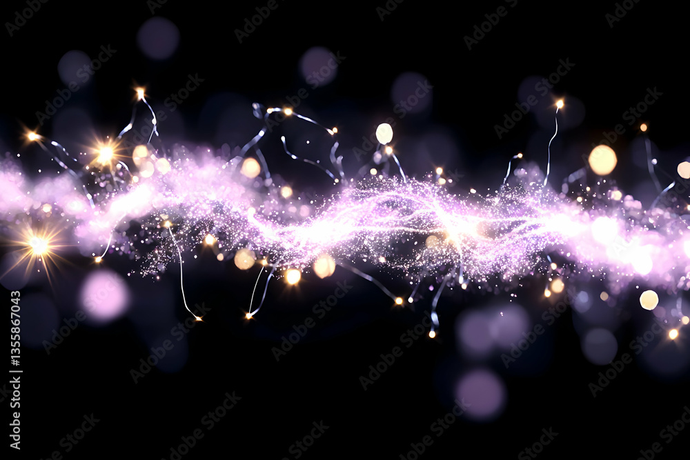 Poster swirling purple and gold particle stream on black background creates an elegant abstract design with