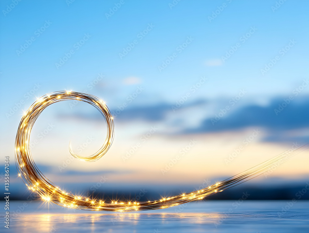 Poster swirling golden glitter trail on a blurred sky background with bokeh effect decorative light and shi