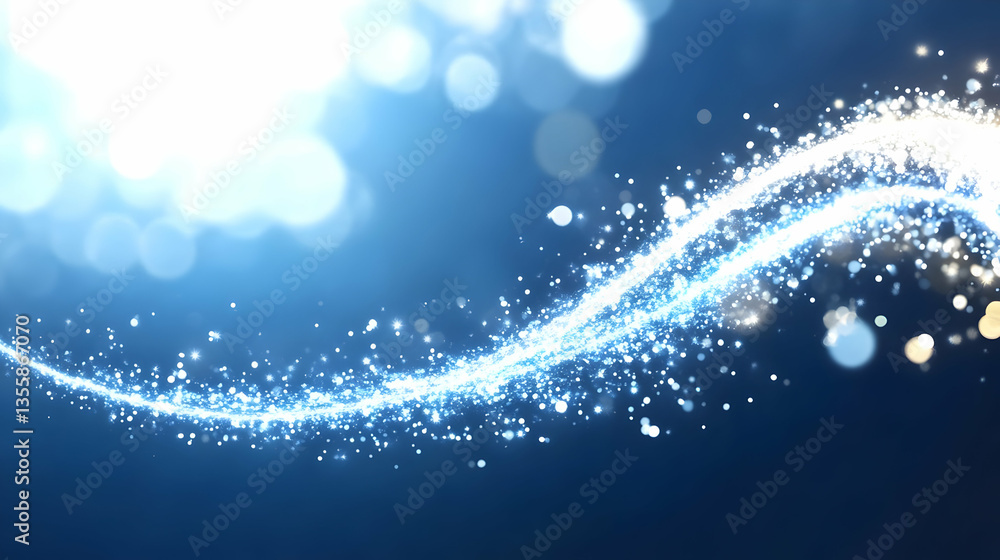 Poster swirl of shimmering blue light streaks and sparkling particles against a dark blue gradient backgrou