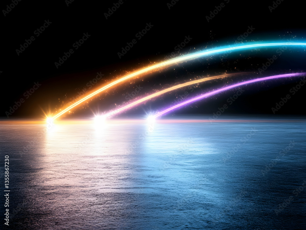 Poster three glowing arcs of light reflections on dark surface in black background generative design concep