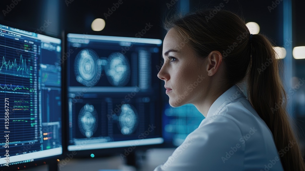Poster scientist analyzing data on multiple monitors in high-tech laboratory