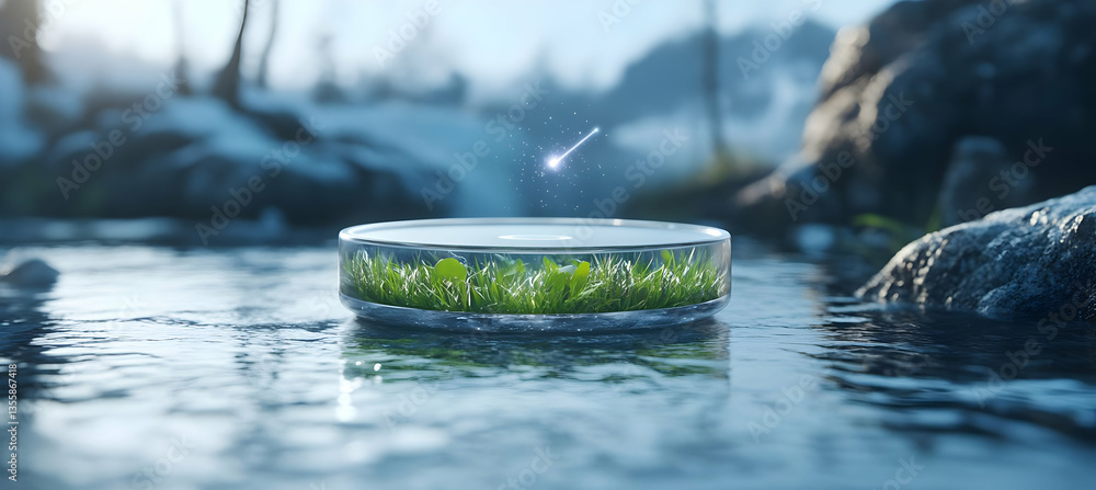 Poster tranquil water stream reflecting grass in a glass container with rocks and natural lighting on a blu
