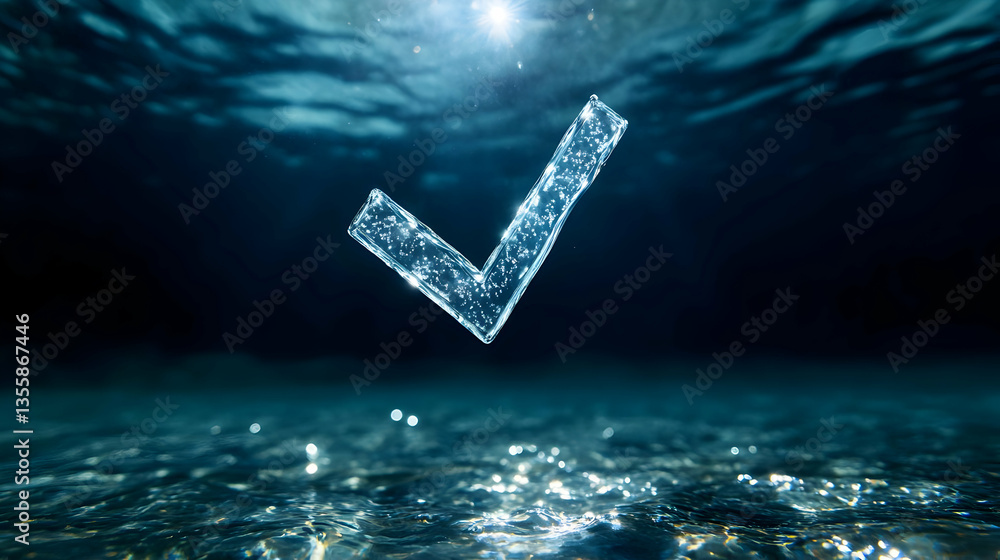 Poster tick symbol underwater glowing with a sparkle effect in deep blue water with light rays and reflecti