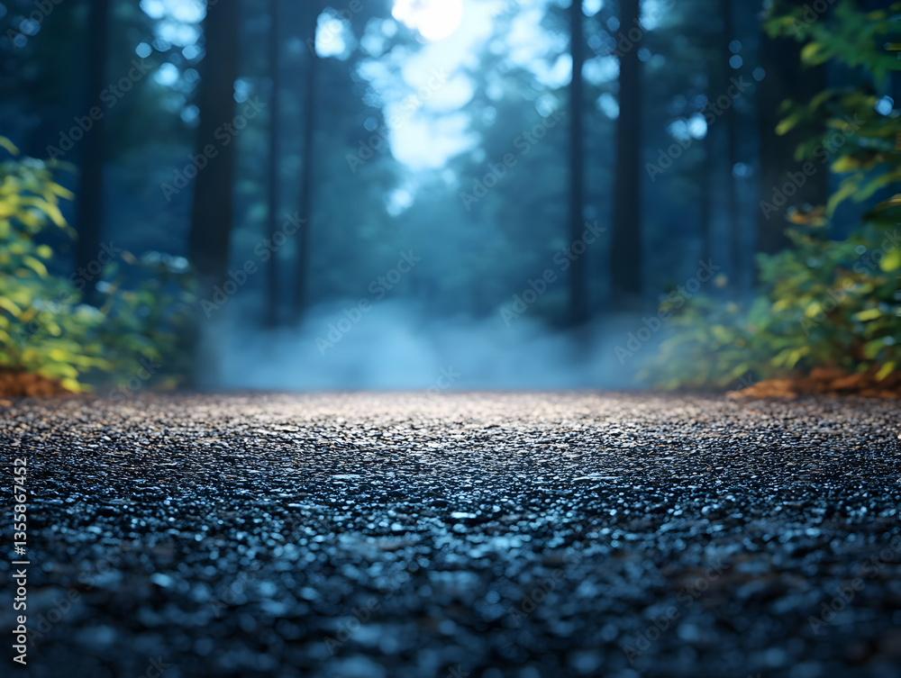 Poster tranquil forest path with blue tinted fog through tall trees lush greenery and light sunlight castin