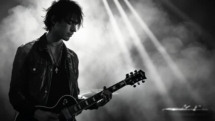 Black and white guitarist performing on stage, spotlight