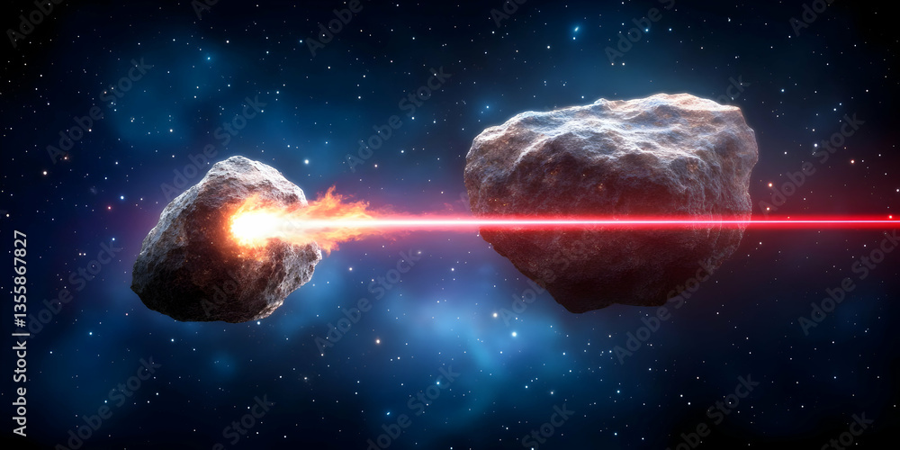 Poster two gray asteroids colliding with powerful red laser beams in starry deep space outer cosmos science
