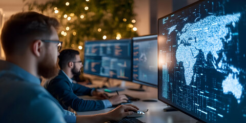Two Men Analyzing World Map Data on Multiple Computer Screens in Modern Office During Evening Showcasing Cybersecurity and Network Connectivity with Blurred Background Under Warm Lighting
