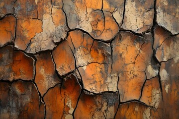 Fototapeta premium Close-up of cracked, weathered orange and brown surface showcasing intricate textures and patterns
