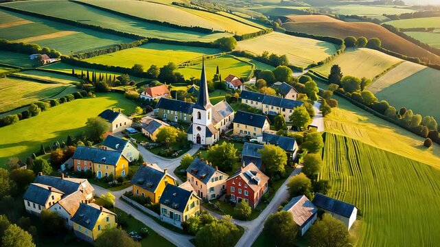 Aerial view of peaceful European village with fields and countryside landscape
