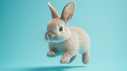 Obraz premium adorable bunny jumping mid air with soft fur and large ears isolated on bright blue background playful young rabbit captured in motion with cute expression and clear studio lighting
