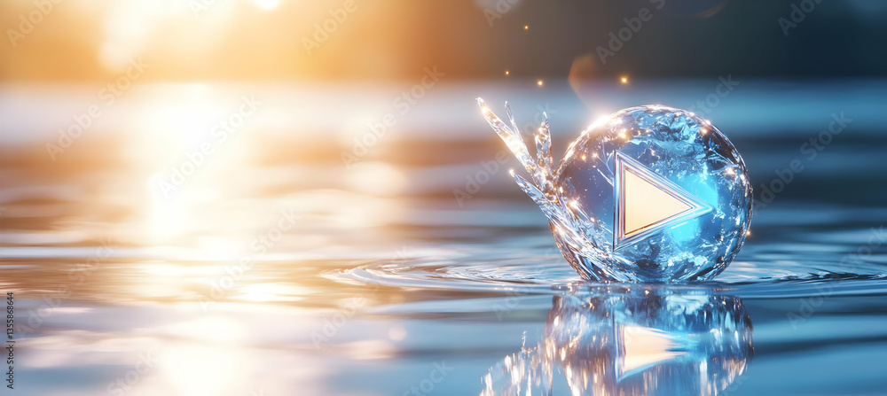 Poster water surface with light blue sphere and play button abstract technology and digital theme with ligh