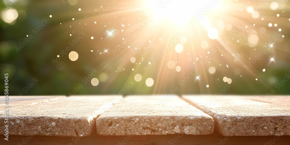 Poster Wooden Table with Sunlit Bokeh Background with Strong Focus Light a Serene Display of Natural Texture Sunlight Copy Space and Soft Golden Hues Blurring into a Shimmering Backdrop