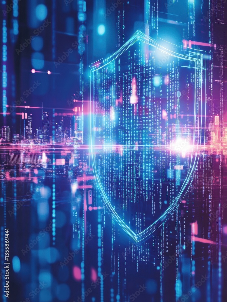 Aufkleber High-tech cyberpolitical landscape with digital shield and glowing binary codes in a futuristic city Generative AI