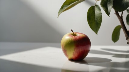 Fresh red apple on a table with a green leaf