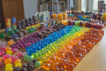 Vibrant Display of Colorful Candies Featuring Chocolates and Gummy Treats