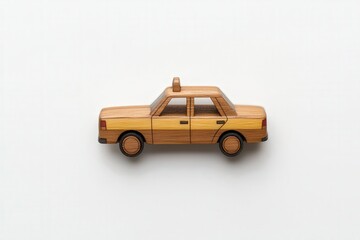 Wooden toy car taxi on a plain white background.
