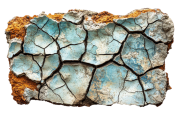 Cracked, textured surface with blue and brown colors, conveying dry and arid conditions, isolated on white.