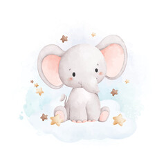 Watercolor Illustration Cute Elephant Sits on Cloud with Stars