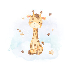Watercolor Illustration Cute Giraffe Sits on Cloud with Stars