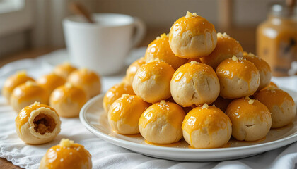 Kue nastar or pineapple tart. indonesian eid snack (kue lebaran), Nastar cookies are round in shape, with a shiny yellow top. Inside it is filled with pineapple jam.