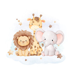 Watercolor Illustration Cute Safari Animals Sits on Cloud with Stars