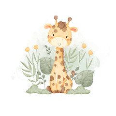 Watercolor Illustration Giraffe and Tropical Leaves © Stella