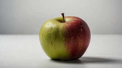 Perfect Bite: A fresh, crisp apple, half red and half green, glistens with tiny water droplets, captured in exquisite detail against a subtly illuminated background.