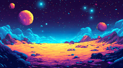 Fototapeta premium Pixel Art Space Landscape With Planets And Stars