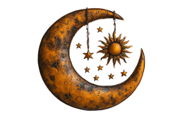 Decorative sun and moon motif with stars, showcasing a blend of celestial design and warm colors.
